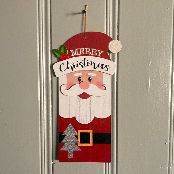 NWT Glittered Merry Christmas Santa Slatted Wooden Holiday Decoration Sign - Picture 1 of 10